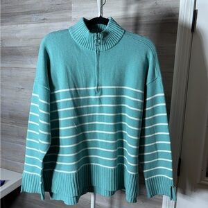 crown & ivy Teal and White Striped Half-Zip Turtleneck Sweater 1074